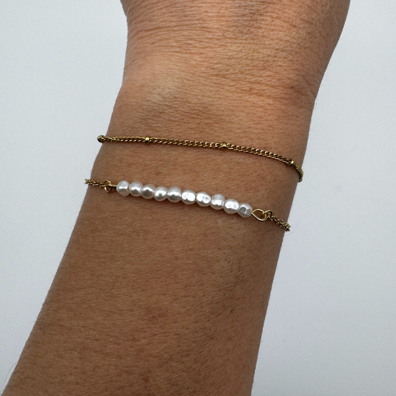THIN DOUBLE BRACELET WITH FRESHWATER PEARLS AND CHAIN